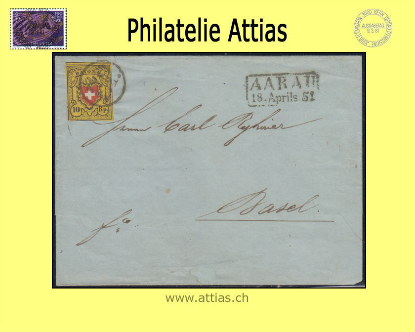 CH 1850 Rayon II 16IIf - Type 19 - A3-RO - P.P im Kreis - letter from Aarau to Basel