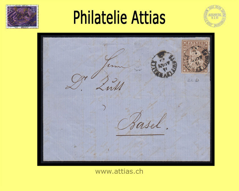 CH 1854-62 Strubel 22D-B3.IV 5 Rp. letter from Schweizerhalle to Basel