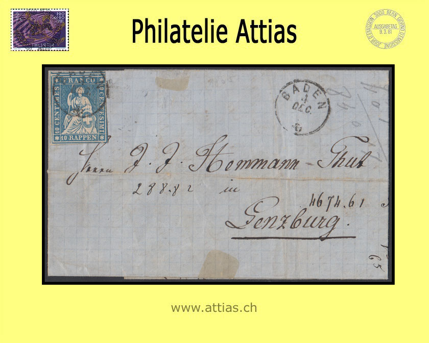 CH 1854-62 Strubel 23G-B4 10 Rp. Letter from Baden to Lenzburg