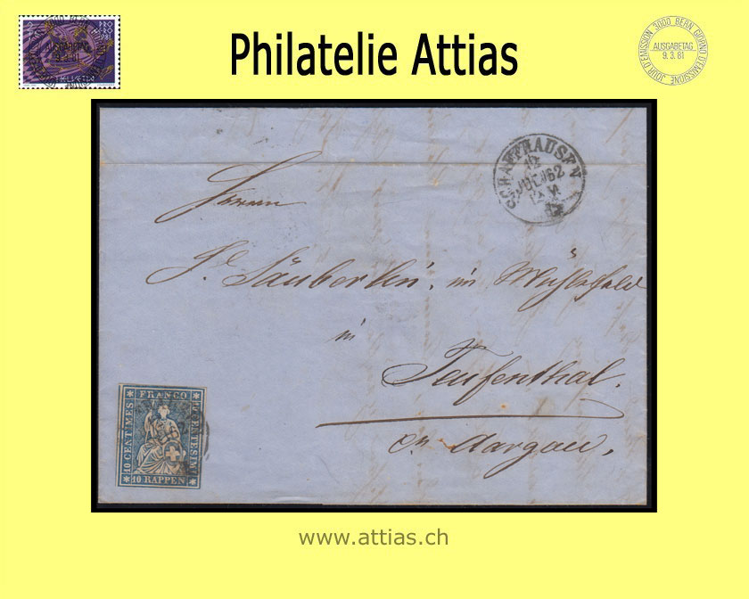 CH 1854-62 Strubel 23G-B4 10 Rp. Letter from Schaffhausen to Teufental