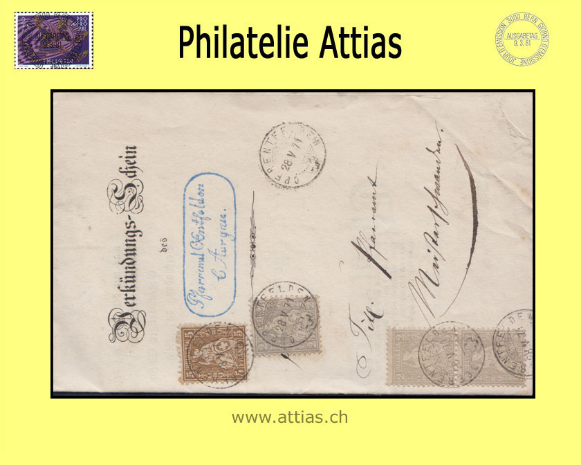 CH 1867 Helvetia assise perforated white paper 28+30b (20+22c) 11 cents folded letter f. Oberentfelden t. Meisterschwanden