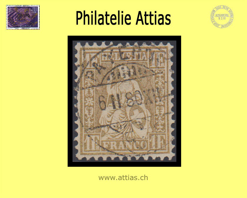 CH 1862 Helvetia assise perforated white paper 36c (28c) 1 Fr. Full cancellation Payerne VD