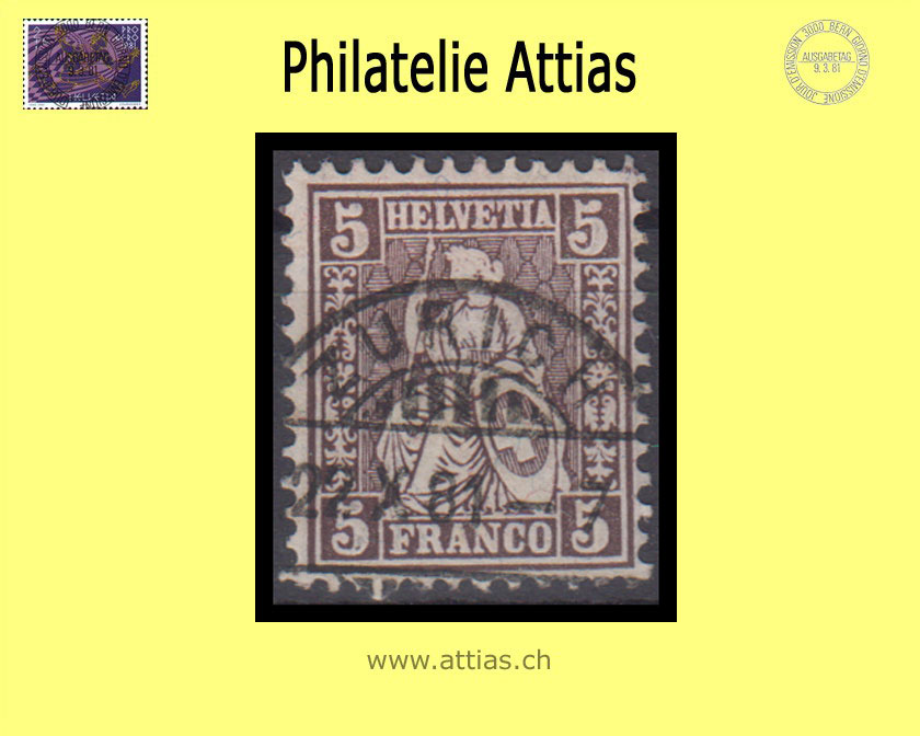 CH 1881 Helvetia assise perforated fiber paper 45 (37) 5 Rp. cancelled Zürich ZH