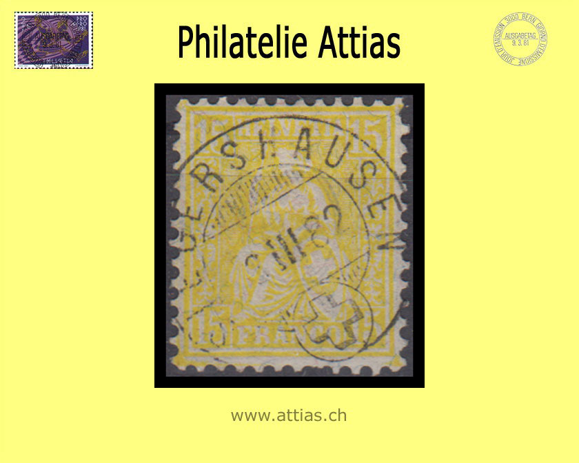 CH 1881 Helvetia assise perforated fiber paper 47b (39) 15 Rp. cancelled Siegershausen TG