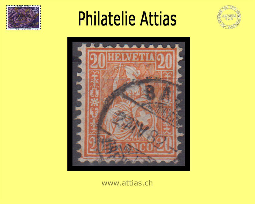 CH 1881 Helvetia assise perforated fiber paper 48 (40) 20 Rp. cancelled Basel BS