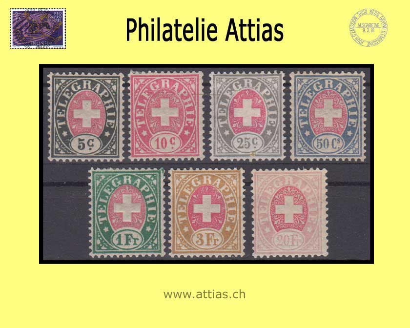 CH 1881 Telegraph 13-19, Schweizer Wappen im Schriftband, Wappen rosa, Faserpapier, Satz ungebraucht