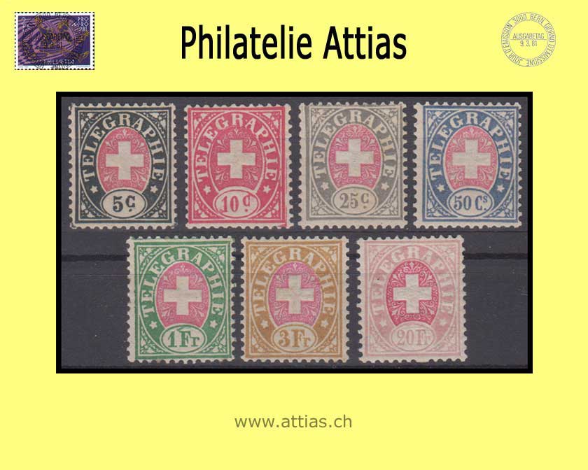 CH 1881 Telegraph 13-19, Schweizer Wappen im Schriftband, Wappen rosa, Faserpapier, Satz Postfrisch
