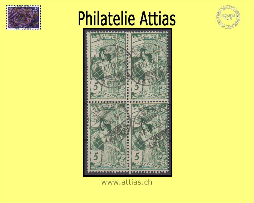 CH 1900 77C UPU 5 Rp. green bloc of four cancelled Lugano