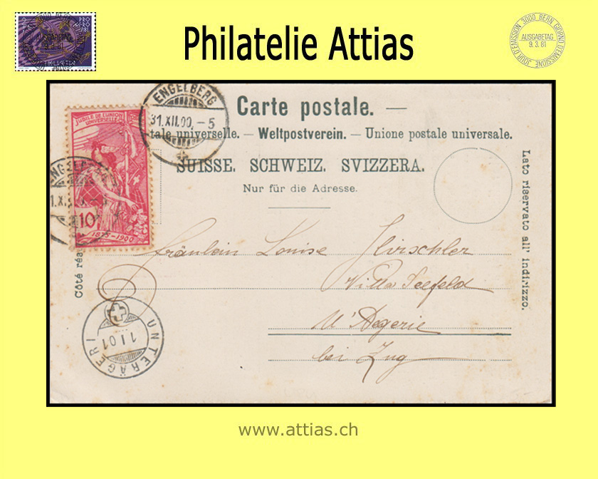 CH 1900 78B UPU 10 Rp. pink aniline cancelled Engelberg OW on UPU-Reminder card