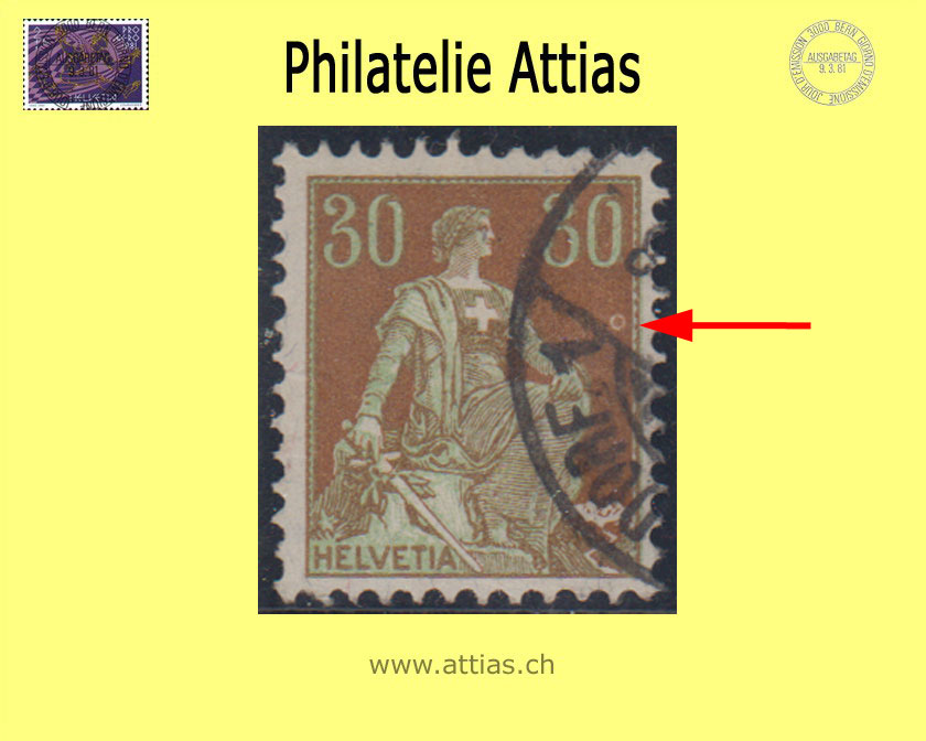 CH 1908 110.1.01 Helvetia with sword smooth 30 Rp. - spot cancelled