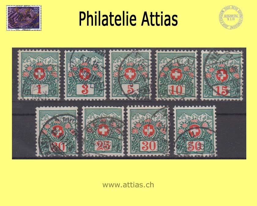 CH 1910 Postage due 29-37, Swiss coat of arms and alpine roses, Set MNH