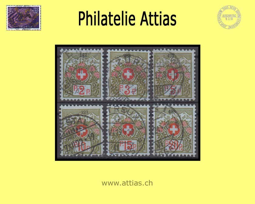 CH 1911-26 FS 2A-7A Swiss coat of arms and alpine roses, bluish green, small control no, set cancelled