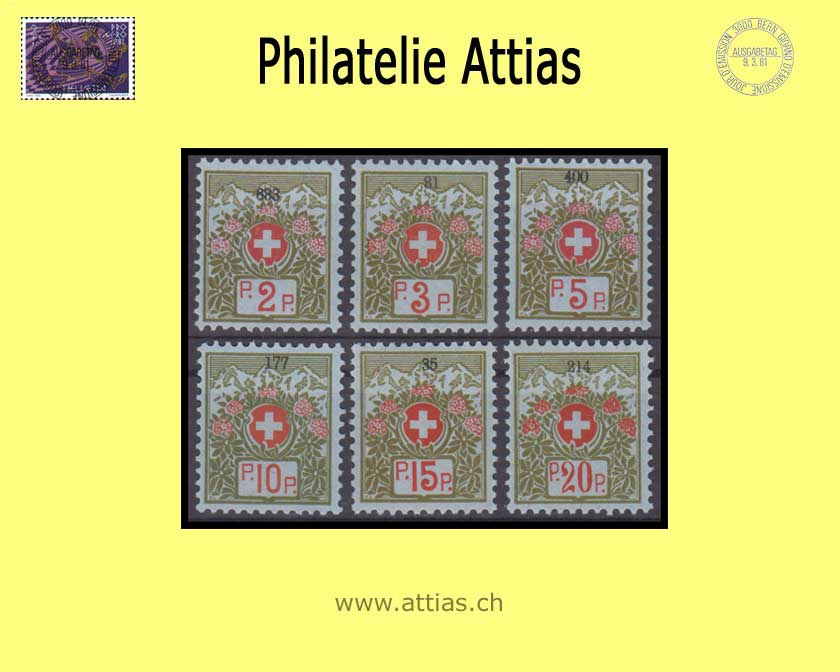 CH 1911-26 FS 2A-7A Swiss coat of arms and alpine roses, bluish green, small control no, set MNH