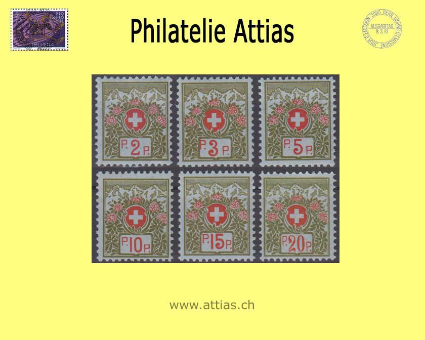 CH 1911-26 FS 2B-7B Swiss coat of arms and alpine roses, bluish green, no control no, set MNH