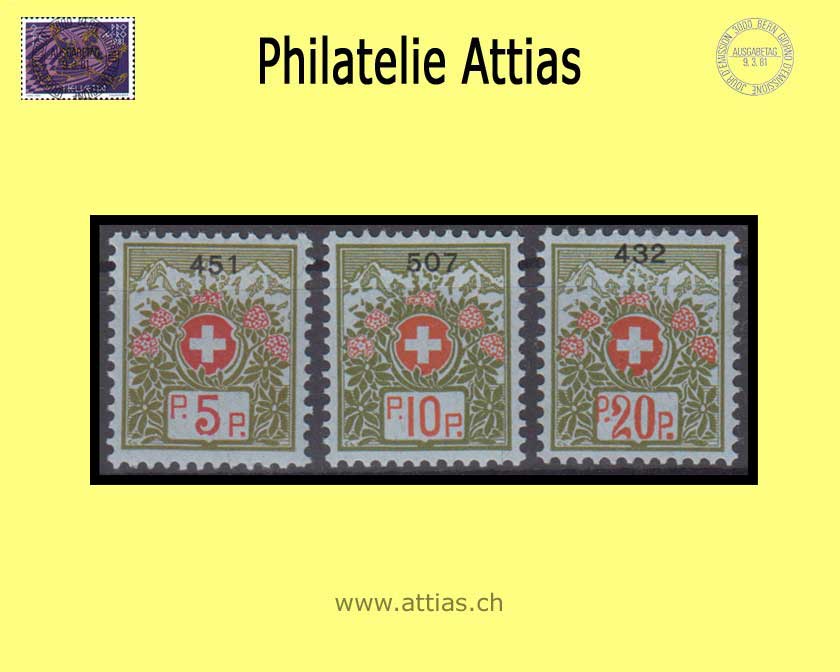 CH 1926 FS 8-10 Swiss coat of arms and alpine roses, bluish green, big control no, set MNH