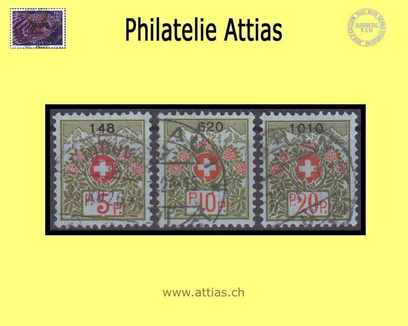 CH 1926 FS 8-10 Swiss coat of arms and alpine roses, bluish green, big control no, set cancelled