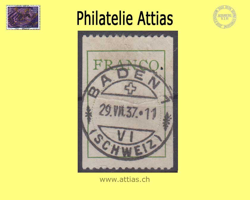 CH 1927 Franco Label 3, Antiqua typeface, simple line version, 19.8mm, single value cancelled Baden