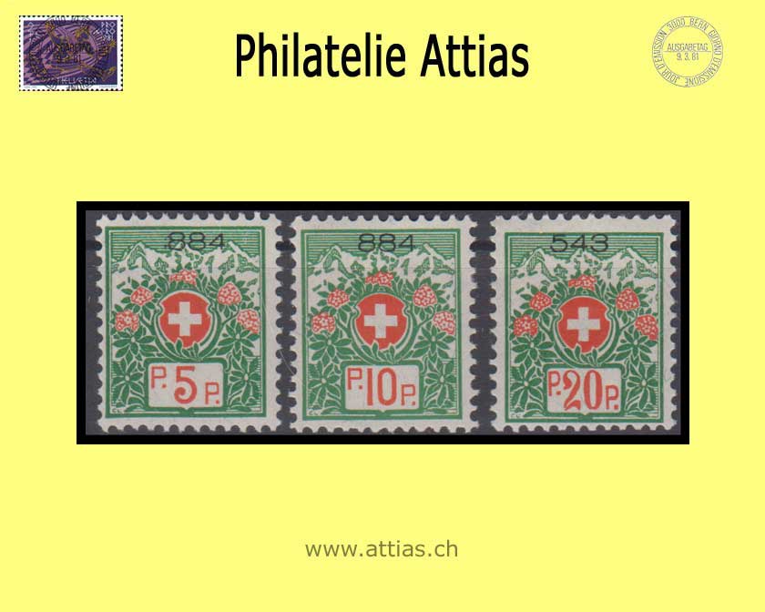 CH 1927 FS 11A-13A Swiss coat of arms and alpine roses, Fiber paper, with control no, set MNH