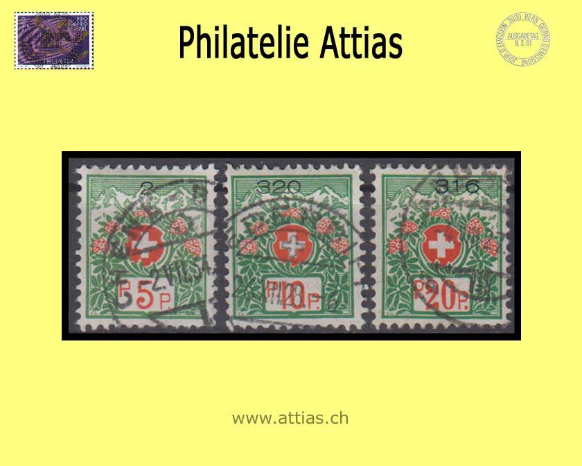 CH 1927 FS 11A-13A Swiss coat of arms and alpine roses, Fiber paper, with control no, set cancelled