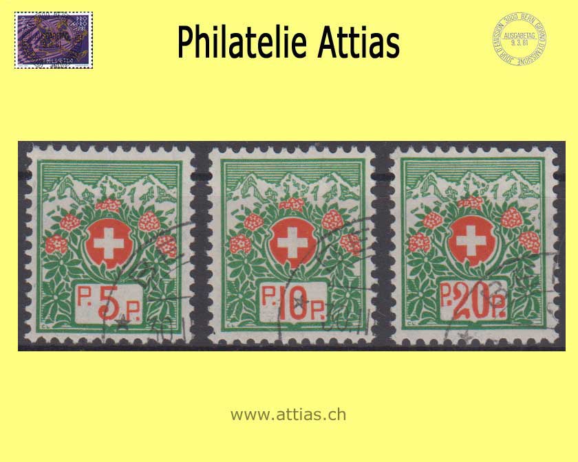 CH 1927 FS 11B-13B Swiss coat of arms and alpine roses, Fiber paper, no control no, set cancelled