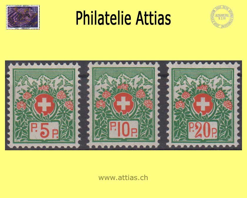 CH 1927 PFH 11B-13B Schweizer Wappen und Alpenrosen, Faserpapier, ohne Kontroll-Nr, Satz Postfrisch