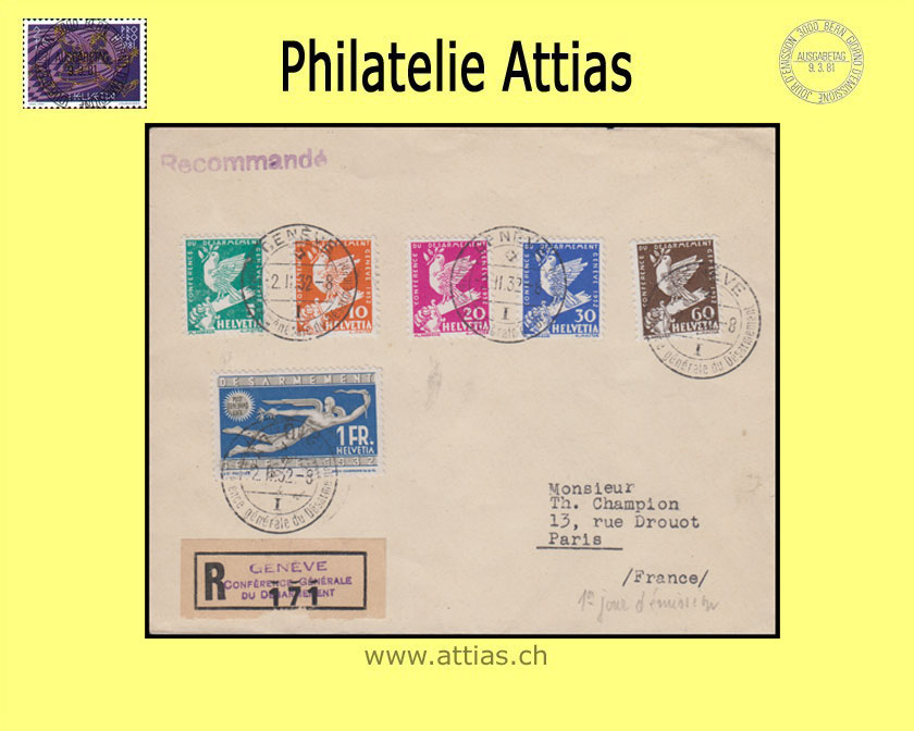 CH 1932 185-190 Disarmament Conference Set FDC with address (Registered letter)