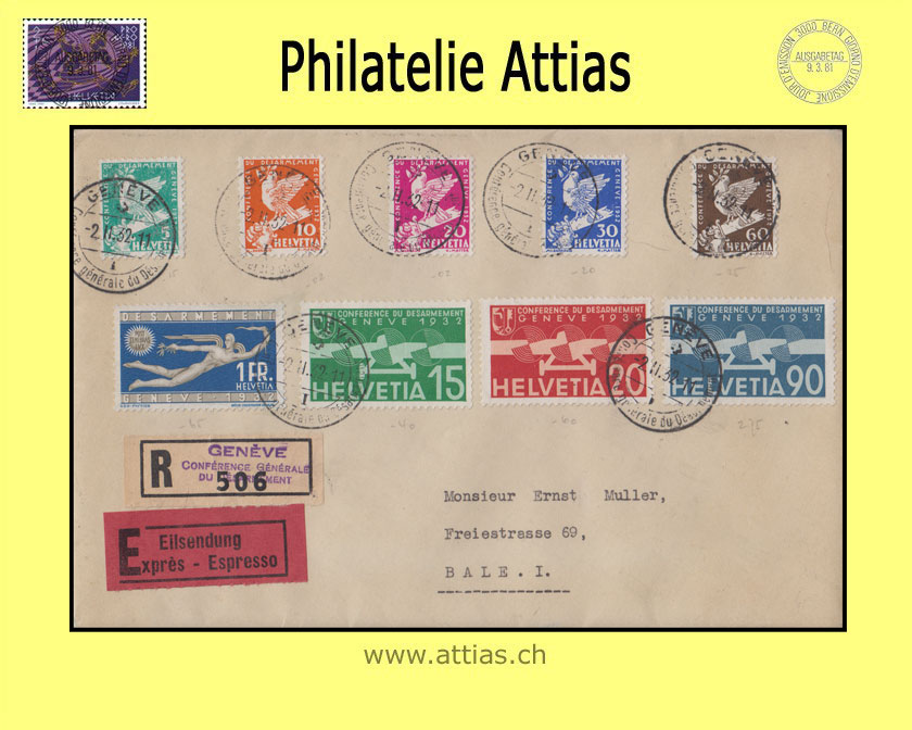 CH 1932 185-190+F16-F18 Disarmament Conference Geneva and airmail stamps Sets FDC with address (Registered letter)