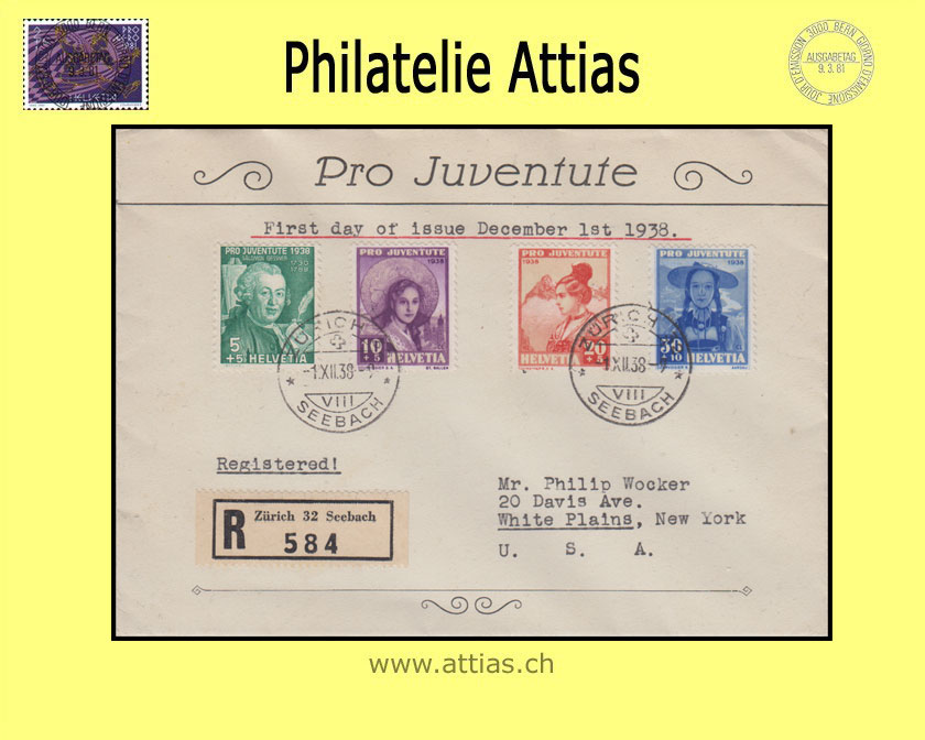 CH 1938 J85-J88 Pro Juventute FDC with address (Registered mail)