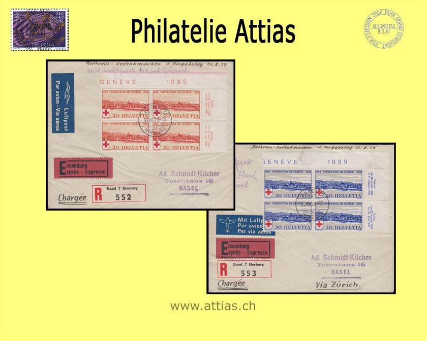 CH 1939 240-241 - 75 Jahre Red Cross 2 FDC with address, block of four