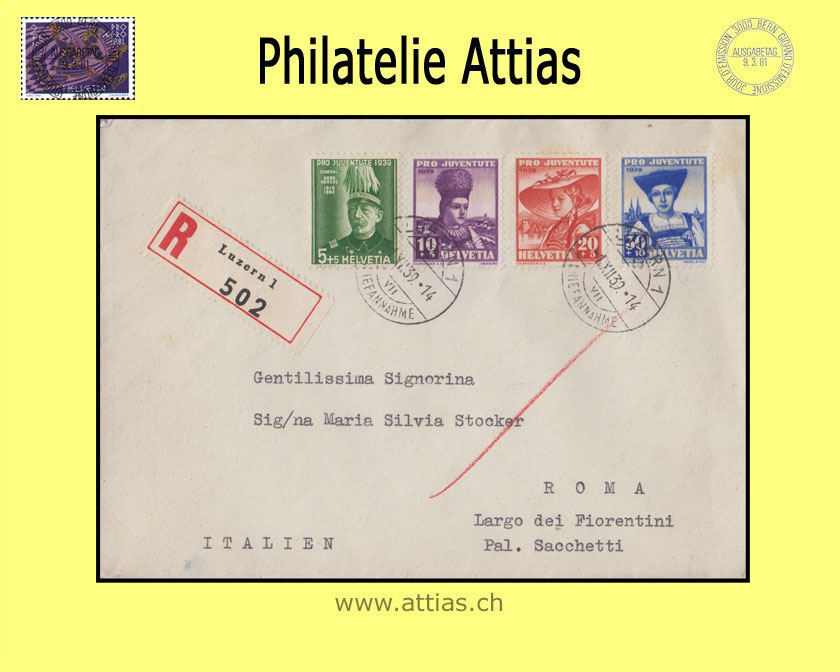 CH 1939 J89-J92 Pro Juventute FDC with address (Registered mail)