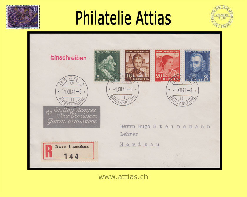CH 1941 J97-J100 Pro Juventute subscription FDC with address