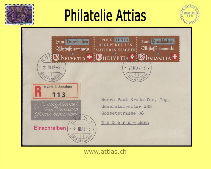 CH 1942 Z37a Recycling of old materials subscrption FDC with address