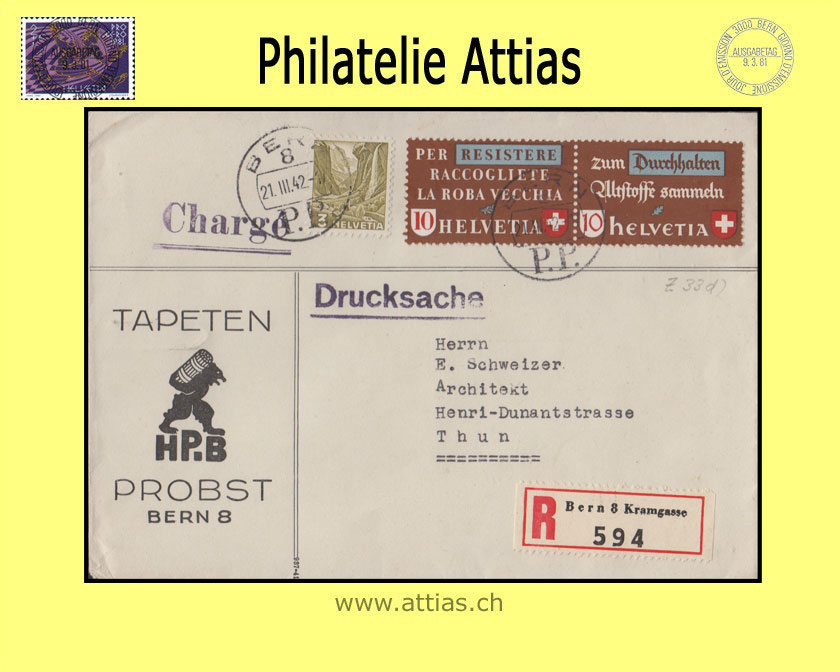 CH 1942 Z33d Recycling of old materials FDC with address