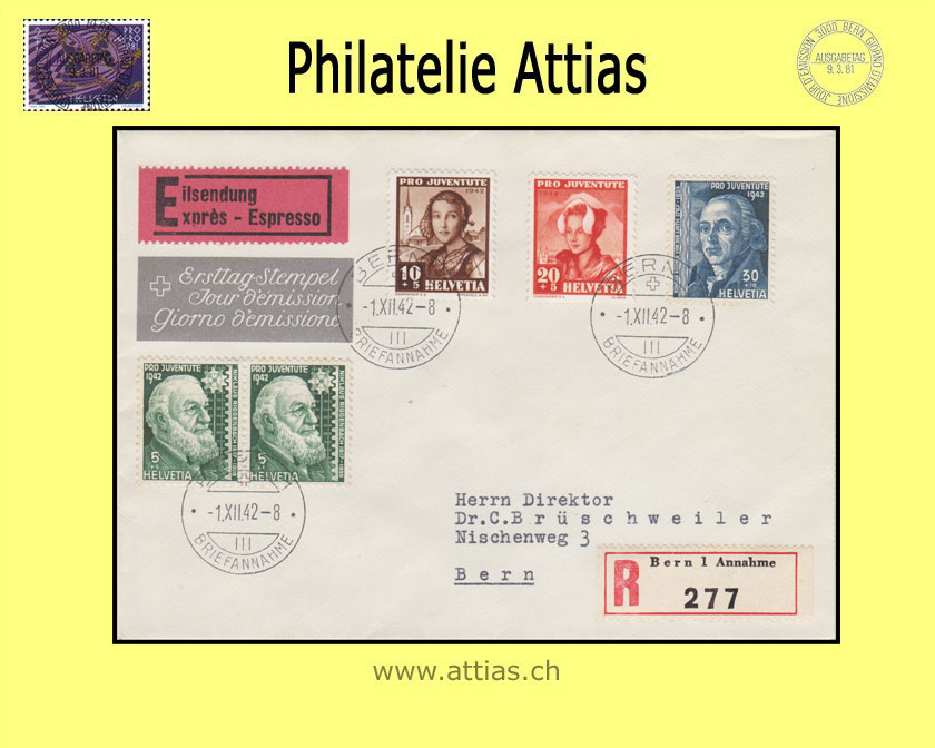 CH 1942 J101-J104 Pro Juventute subscription FDC with address