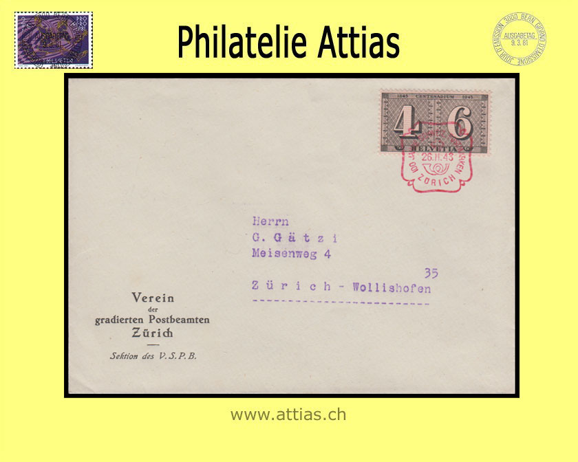 CH 1943 258 - 100 years of Swiss postage stamps FDC ill. with address