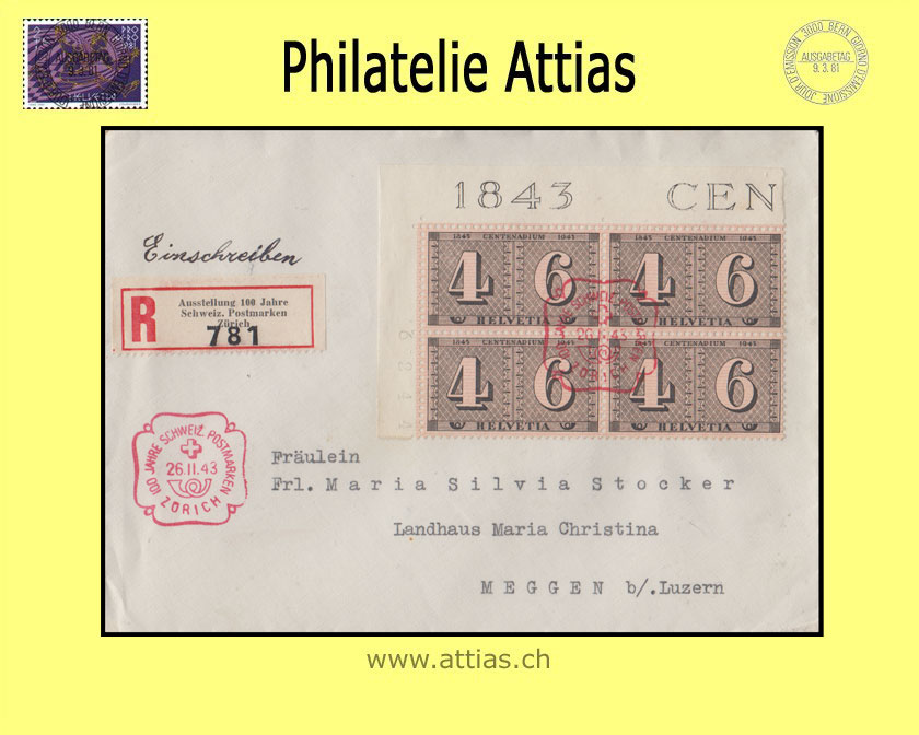 CH 1943 258 - 100 years of Swiss postage stamps FDC with block of four (Registered Mail)