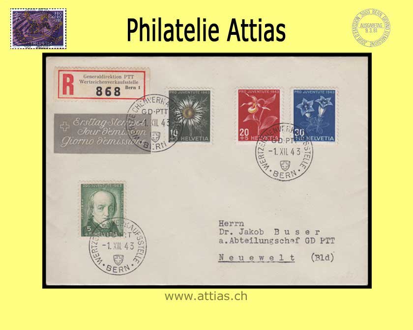 CH 1943 J105-J108 Pro Juventute subscription FDC with address