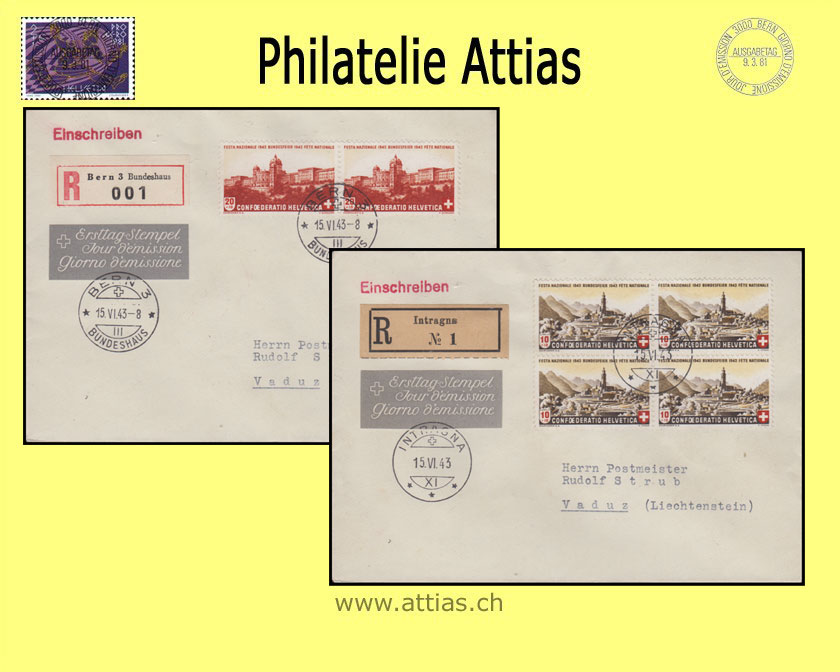 CH 1943 B20-B21 Pro Patria FDC with address (2 registered letters)
