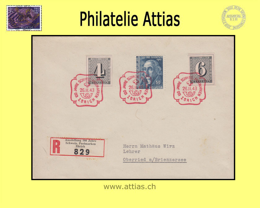 CH 1943 W12-W13 stamps out of bloc Zurich 4+6 FDC with address