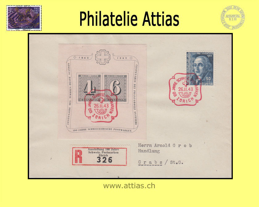 CH 1943 W14 Bloc "Zurich 4+6" FDC with address (registered mail)