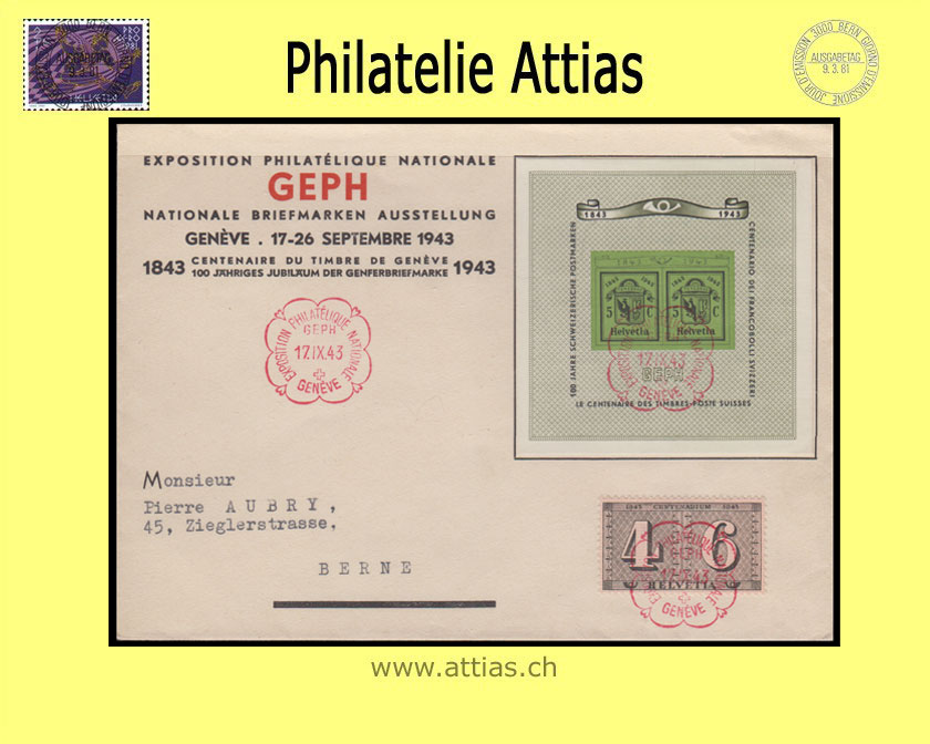 CH 1943 W18 Bloc GEPH FDC ill. with address