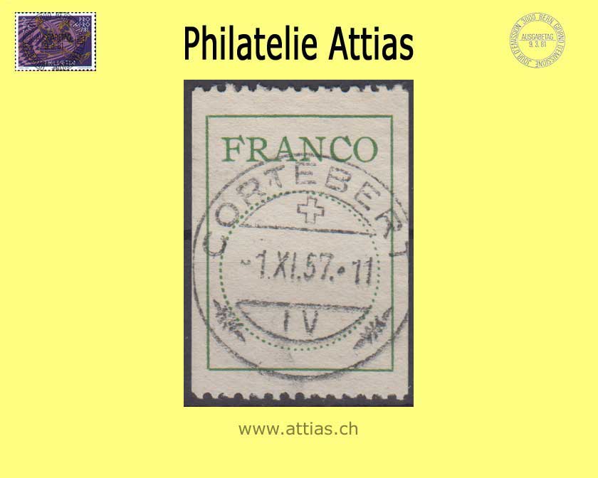 CH 1943 Franco Label 4, Antiqua typeface, simple line version, 19mm, single value cancelled Cortebert