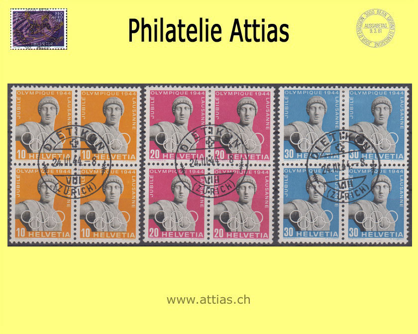 CH 1944 259-261x - 50 years IOC, Sihl, Set block of four cancelled