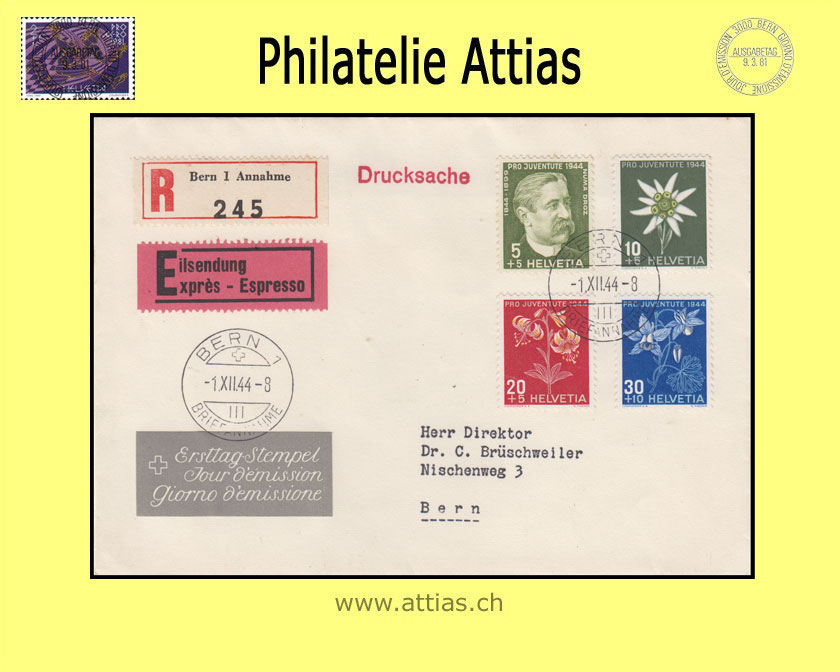 CH 1944 J109-J112 Pro Juventute subscription FDC with address