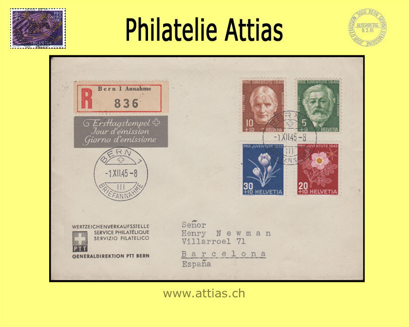 CH 1945 J113-J116 Pro Juventute subscription FDC with address