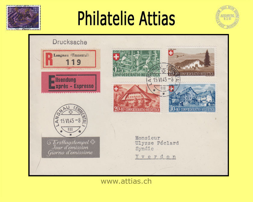 CH 1945 B26-B29 Pro Patria subscription FDC with address cancelled Langnau - Express and registered mail