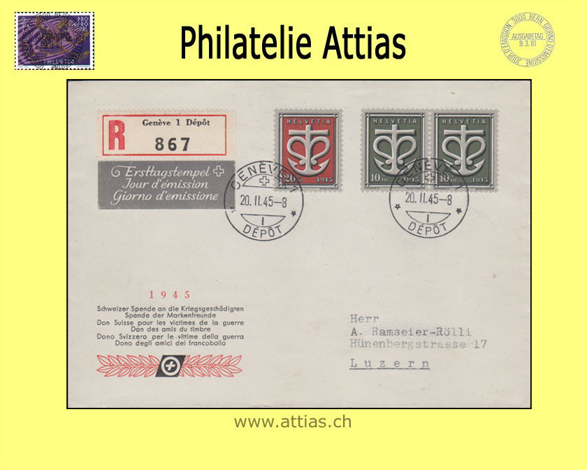 CH 1945 W19-W20 stamps "Spende" FDC ill. with address