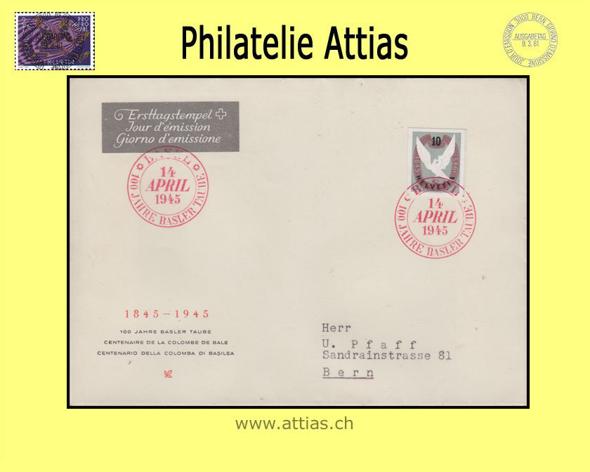 CH 1945 W23 out of bloc Basle Dove subscription FDC ill. with address