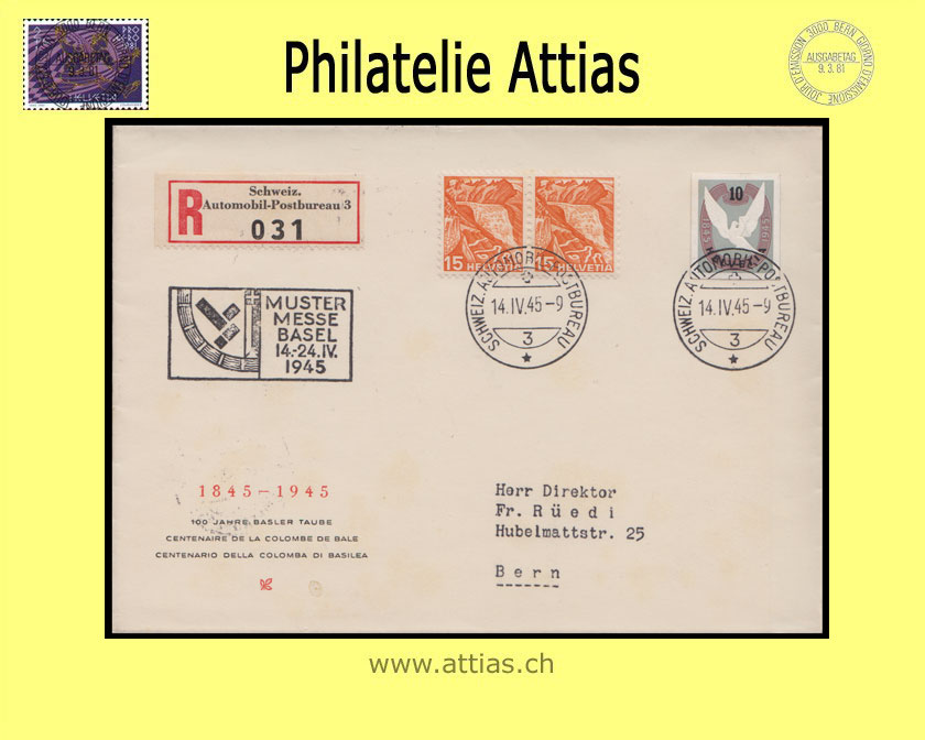 CH 1945 W22 out of bloc Basle Dove subscprition FDC with address