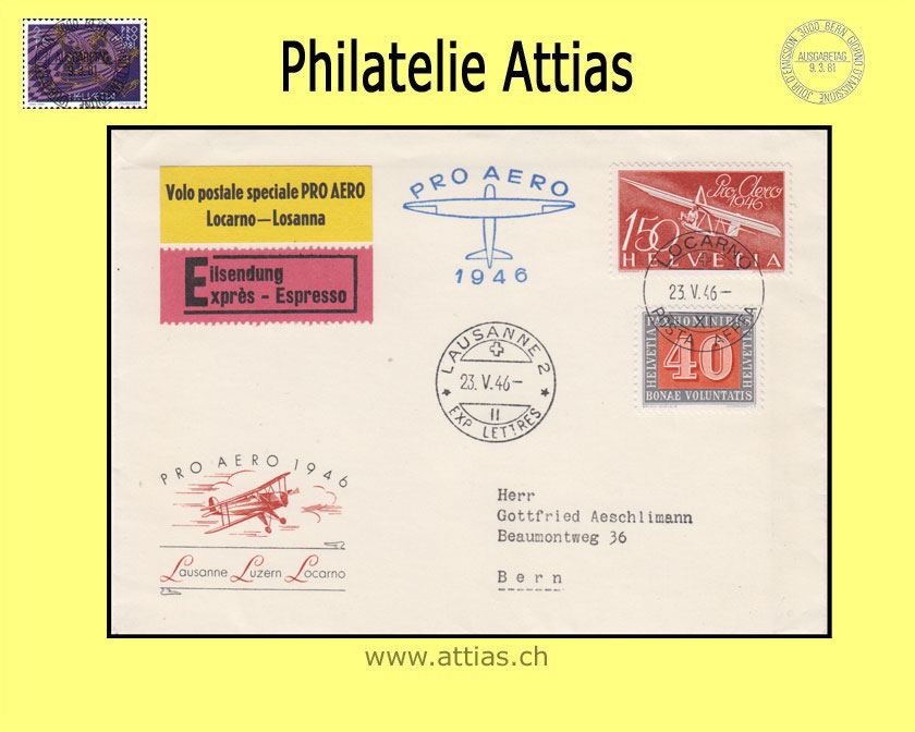 CH 1946 F41 Pro Aero subscription letter Special Flight Locarno-Lausanne with vignette